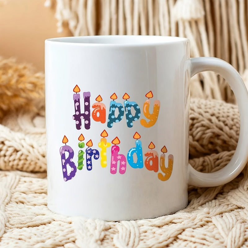 Tailorly White Ceramic 11 oz Mug - Happy Birthday Vibrant Colorful Letters Shaped Like Flickering Burning Celebration Candles Candle