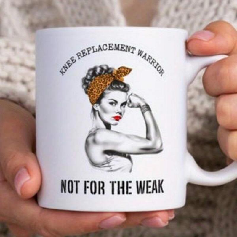 Tailorly White Ceramic 11 oz Mug - Knee Replacement Warrior Not For The Weak Strong Woman Flexing Arm Wearing Leopard Headband With Red Lips Woman
