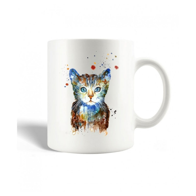 Tailorly White Ceramic 11 oz Mug - Vibrant Watercolor Artistic Kitten Head With Bright Blue Eyes And Ink Splatters Cat