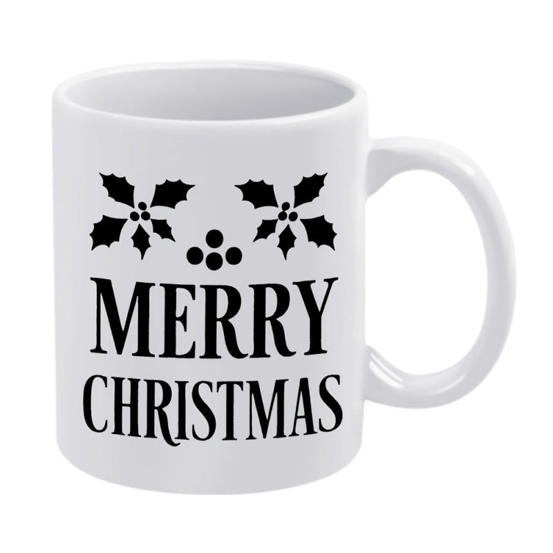 Tailorly White Ceramic 11 oz Mug - Merry Christmas Traditional Holly Leaves And Berries Set In Minimalist Style Mug