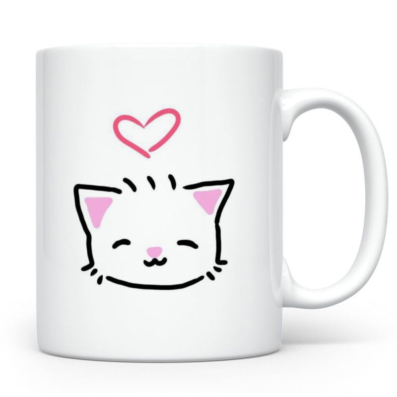Tailorly White Ceramic 11 oz Mug - Cute Hand Drawn Happy Smiling Kitty With A Little Pink Heart Cat