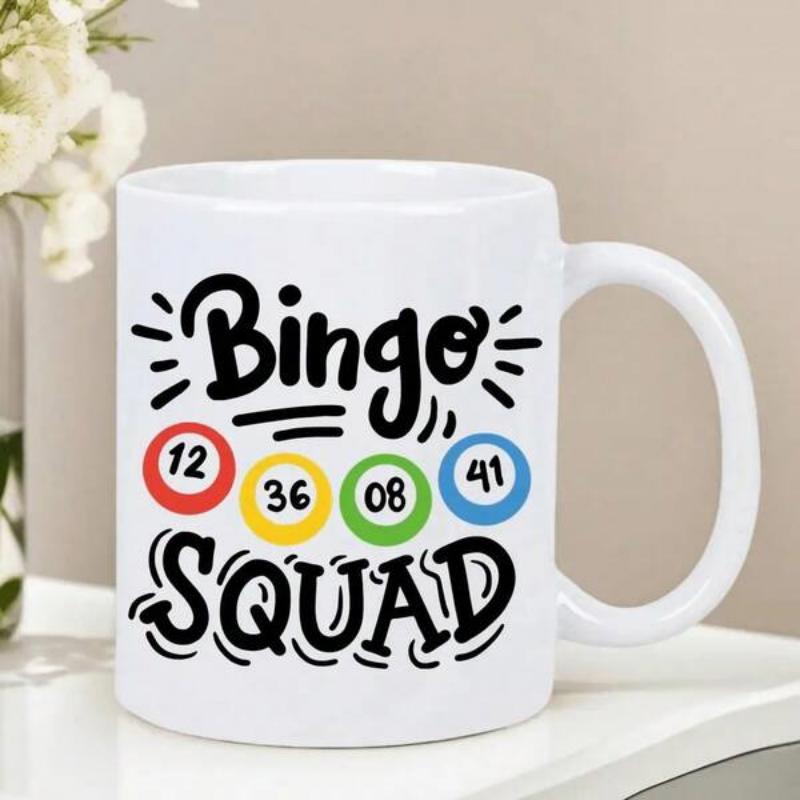 Tailorly White Ceramic 11 oz Mug - Bingo Squad Colorful Round Numbered Balls Surrounded By Playful Artistic Script Details Mug
