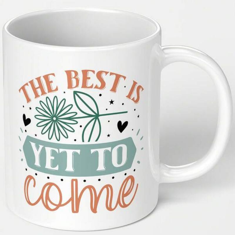 Tailorly White Ceramic 11 oz Mug - The Best Is Yet To Come Minimalist Line Art Daisy With Small Hearts And Delicate Leaves Flower