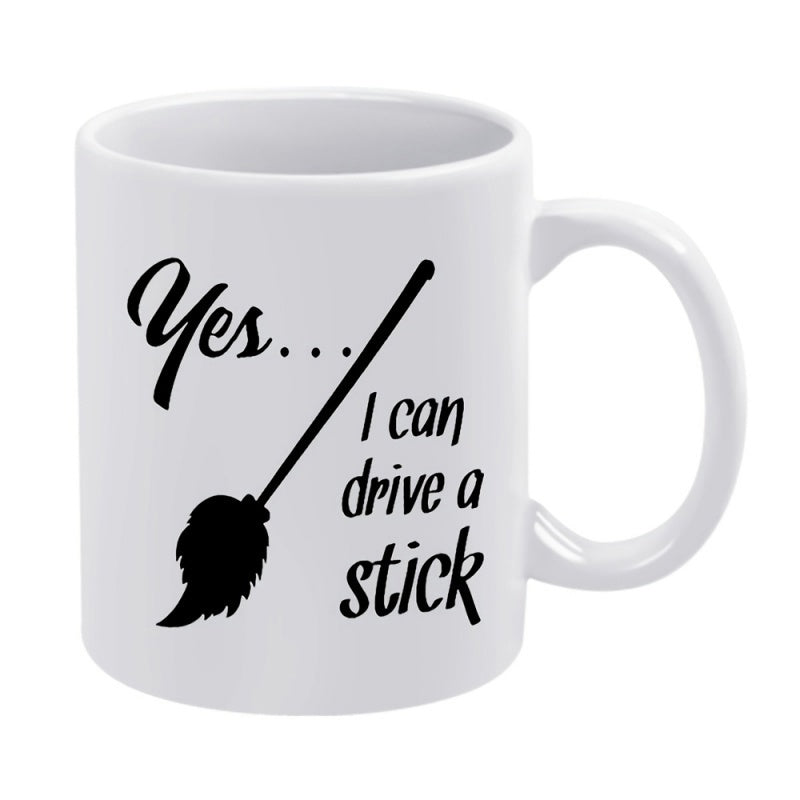 Tailorly White Ceramic 11 oz Mug - Yes I Can Drive A Stick Hand Drawn Minimalist Silhouette Of A Magic Flying Witch Broom