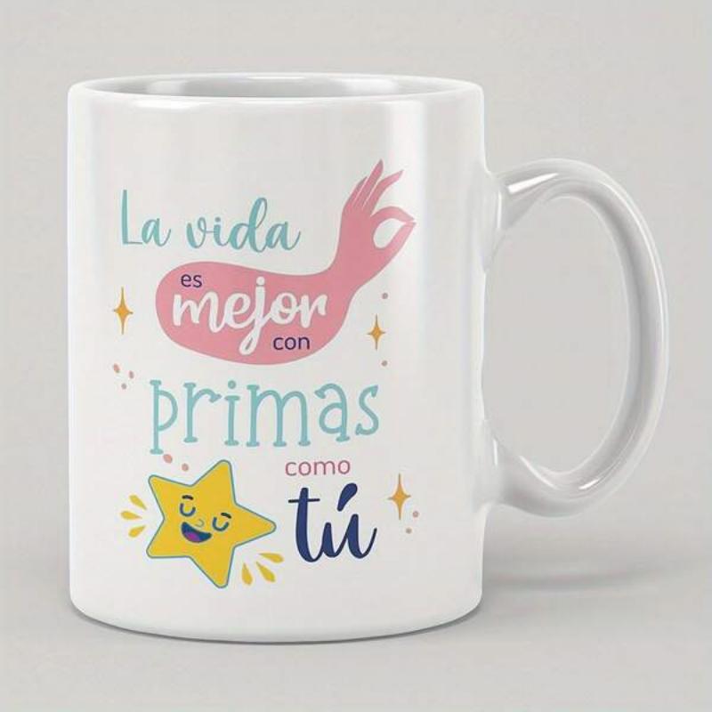 Tailorly White Ceramic 11 oz Mug - Smiling Cartoon Yellow Star With Pink Hand Signal Among Small Golden Twinkling Star
