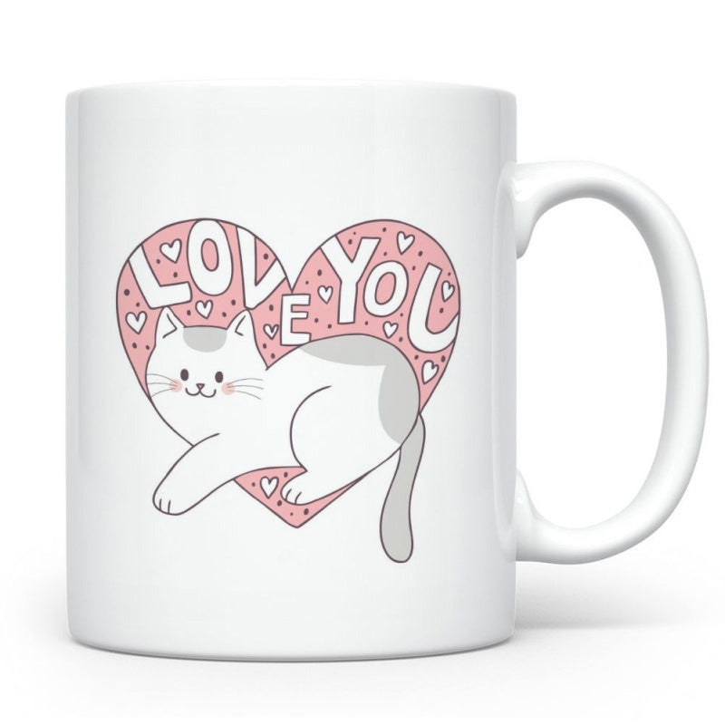 Tailorly White Ceramic 11 oz Mug - Love You Adorable White Spotted Feline Resting Comfortably Inside A Large Pink Heart Cat