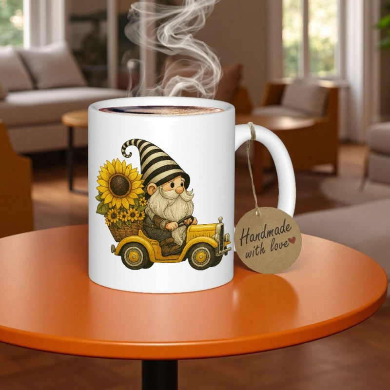 Tailorly White Ceramic 11 oz Mug - Handmade With Love Charming Garden Gnome Driving A Yellow Vintage Truck With Bright Sunflowers Gnome