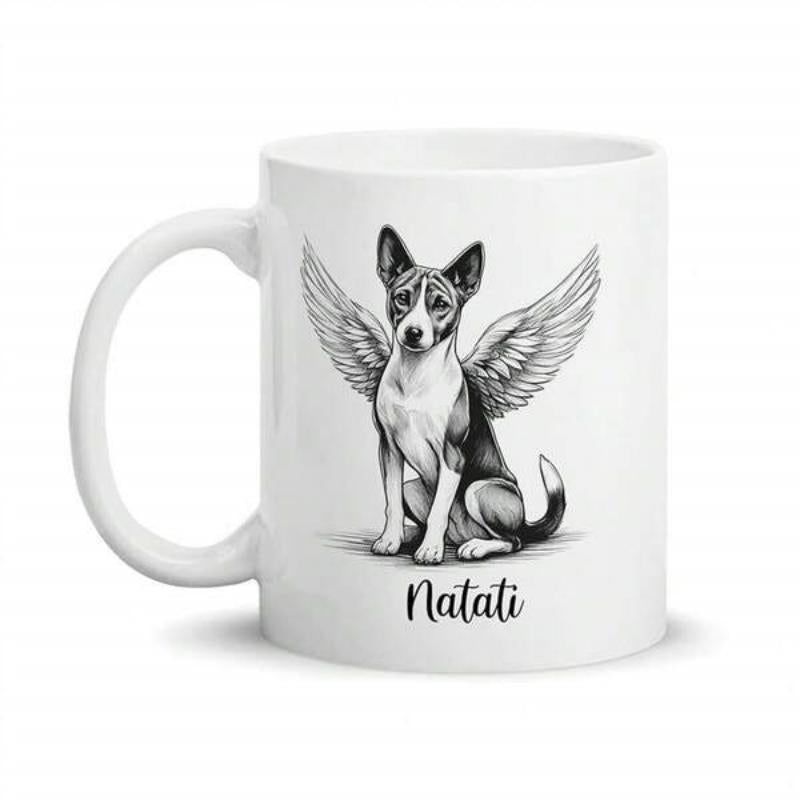 Tailorly White Ceramic 11 oz Mug - Natati Hand Drawn Angelic Canine With Spreading Feathery Wings In Monochrome Style Dog