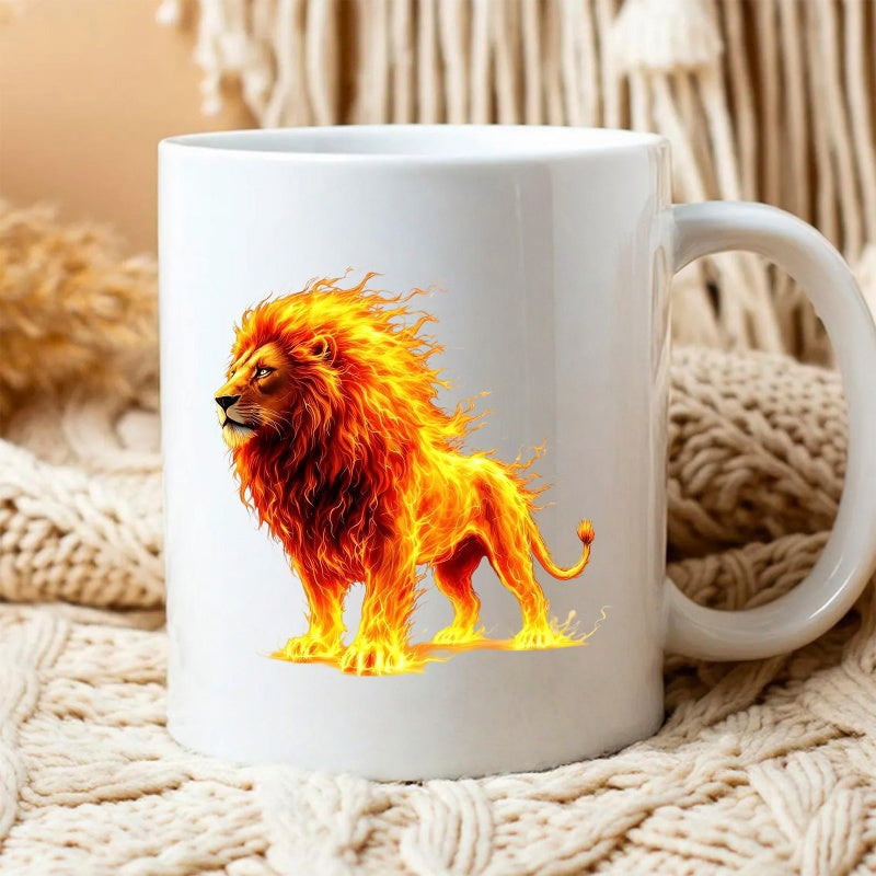 Tailorly White Ceramic 11 oz Mug - Majestic Golden Beast Emerging From Flickering Fire Under Intense Burning Heat Lion
