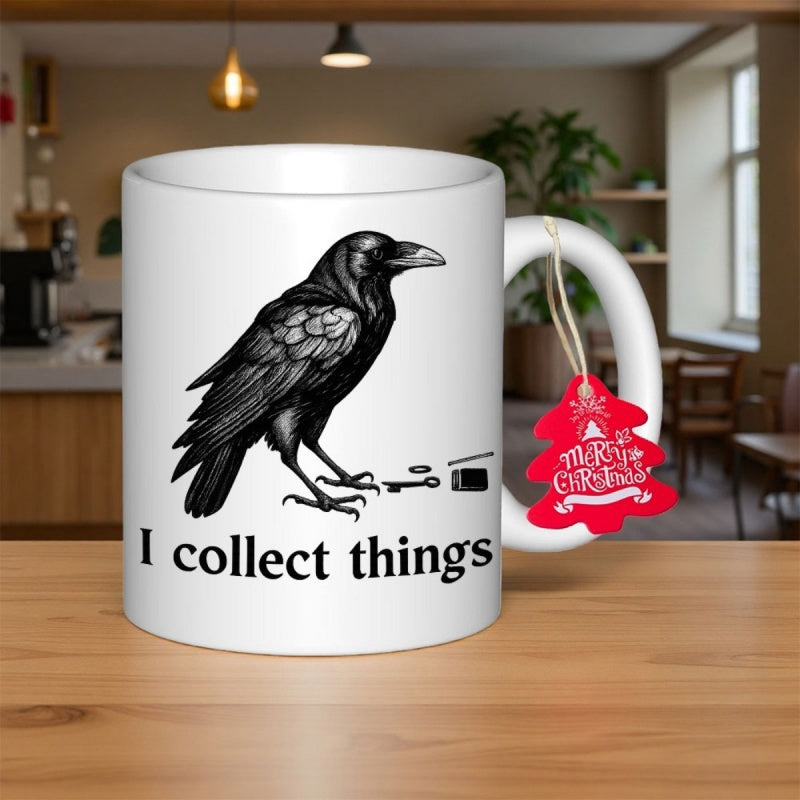 Tailorly White Ceramic 11 oz Mug - I Collect Things Intricate Hand Drawn Black Raven Standing Beside Small Shiny Key Crow