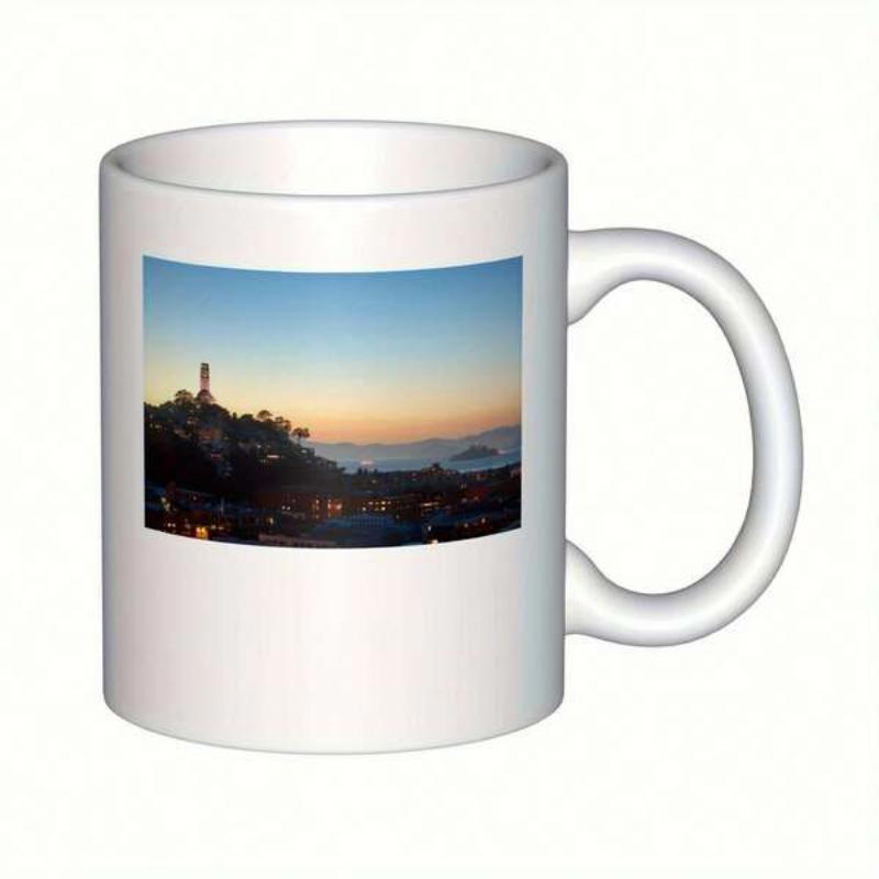 Tailorly White Ceramic 11 oz Mug - Scenic Hillside Tower Under A Soft Glowing Evening Sunset Sky Landscape