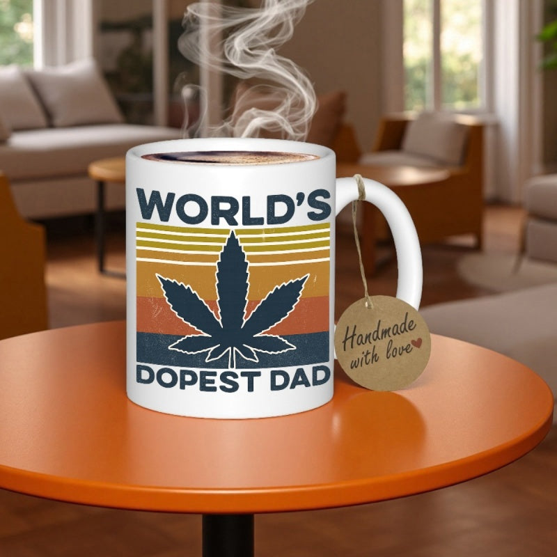 Tailorly White Ceramic 11 oz Mug - Worlds Dopest Dad Retro Horizontal Sunset Stripes With Large Central Marijuana Leaf