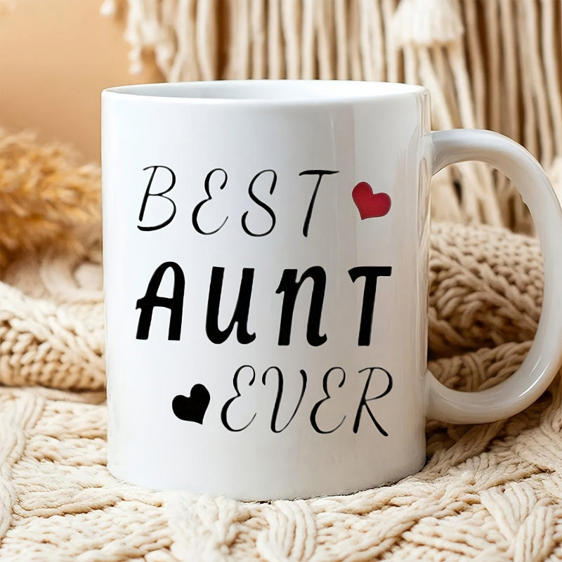 Tailorly White Ceramic 11 oz Mug - Best Aunt Ever Elegant Handlettered Script Accompanied By Two Small Minimalist Decorative Icons Heart