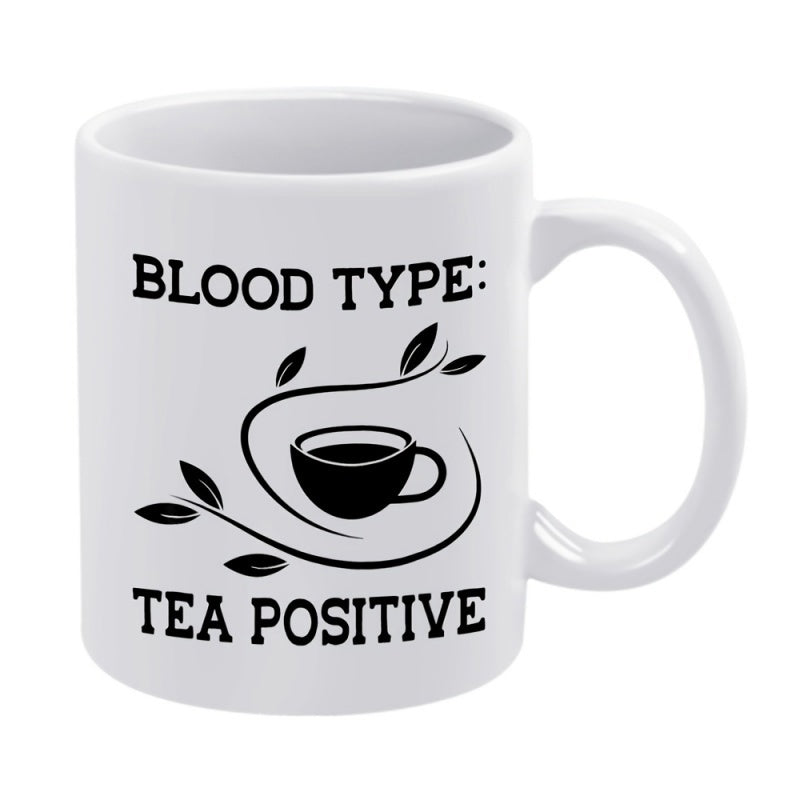 Tailorly White Ceramic 11 oz Mug - Blood Type Tea Positive Elegant Swirling Vines With Delicate Leaves Surrounding A Minimalist Steaming Teacup