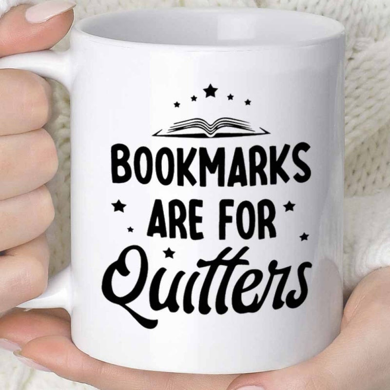 Tailorly White Ceramic 11 oz Mug - Bookmarks Are For Quitters Minimalist Black Open Book Surrounded By Several Decorative Small Stars Book