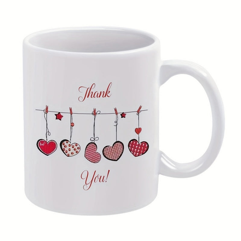 Tailorly White Ceramic 11 oz Mug - Thank You Five Different Red Patterned Hearts Hanging From A Decorative String Heart