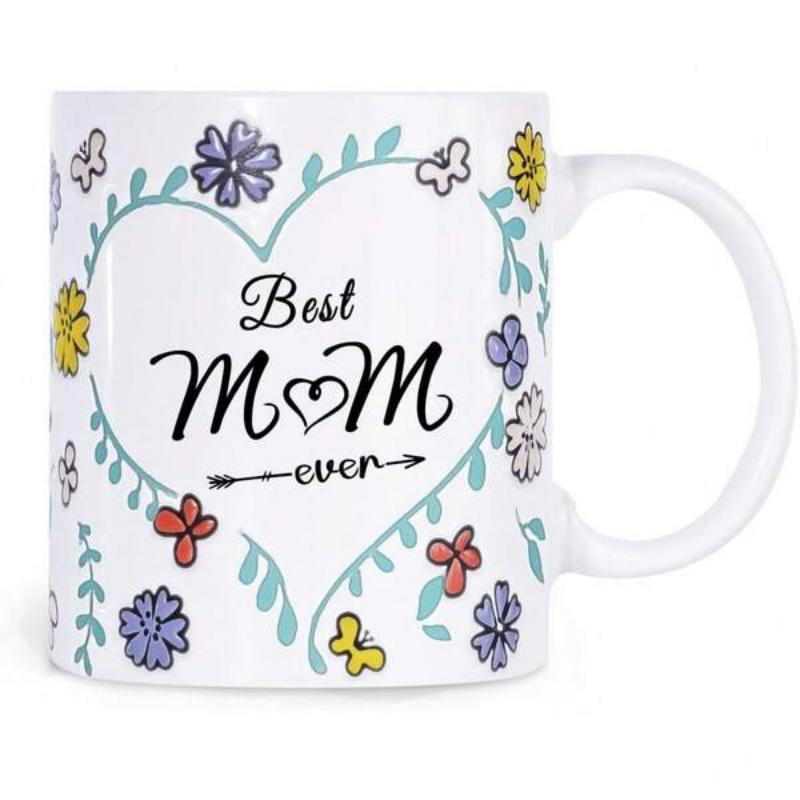 Tailorly White Ceramic 11 oz Mug - Best Mom Ever Elegant Floral Wreath With Colorful Blossoms And Butterflies Surrounding A Decorative Heart