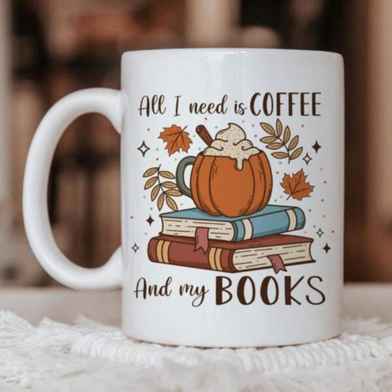 Tailorly White Ceramic 11 oz Mug - All I Need Is Coffee And My Books Cozy Autumn Leaves Floating Around Stacked Vintage Reading Books Pumpkin Mug