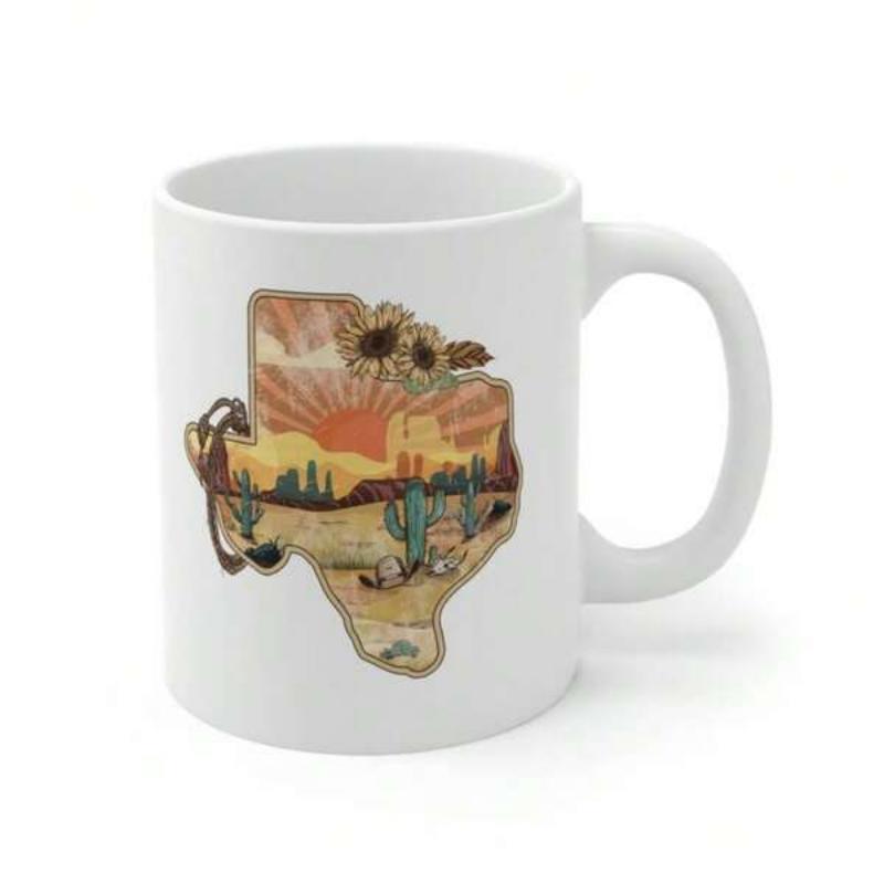 Tailorly White Ceramic 11 oz Mug - Desert Landscape With Cacti And Sunflowers Inside A Texas State Map