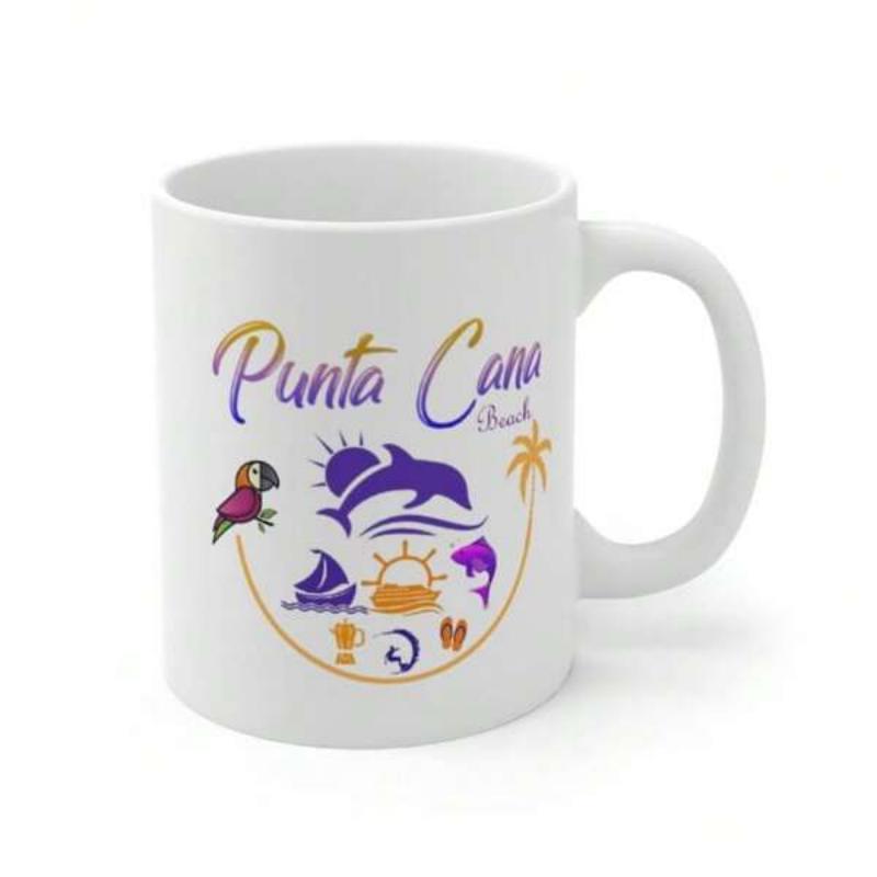 Tailorly White Ceramic 11 oz Mug - Punta Cana Beach Tropical Vibrant Icons With Jumping Dolphin Among Palm Trees Scene