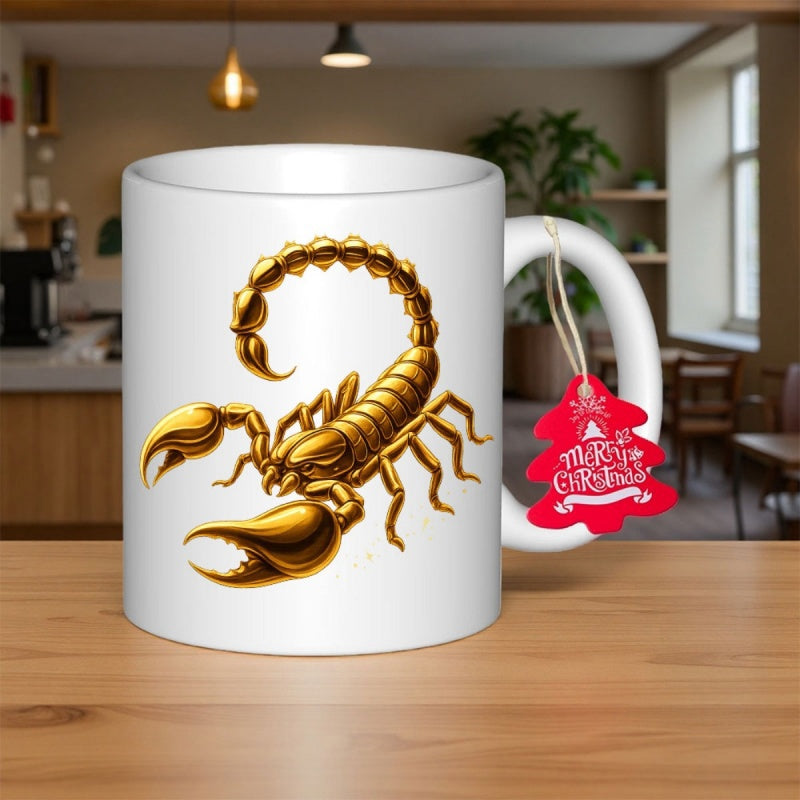 Tailorly White Ceramic 11 oz Mug - Detailed Golden Metallic Glossy Finish Realistic Wild Animal Silhouette Scorpion