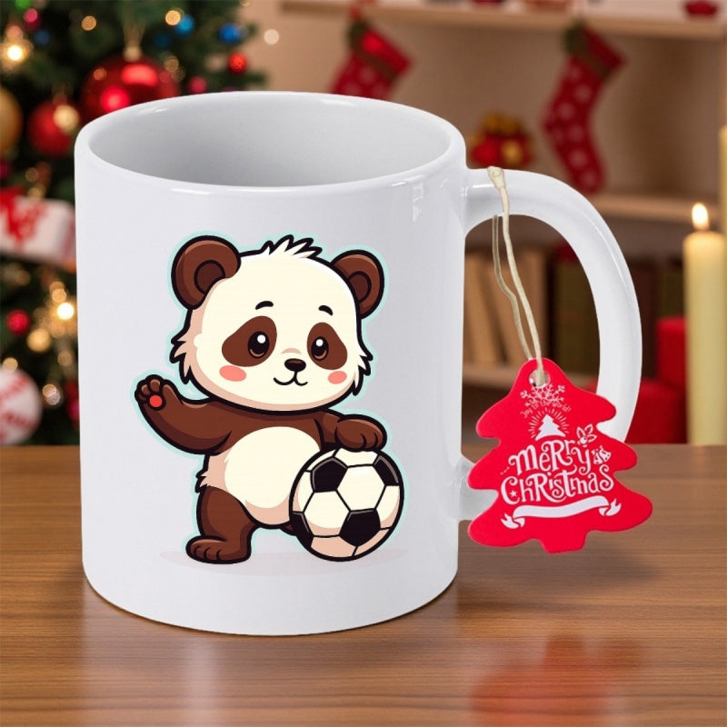 Tailorly White Ceramic 11 oz Mug - Merry Christmas Adorable Cartoon Animal Standing Beside Black And White Sports Soccer Ball Panda