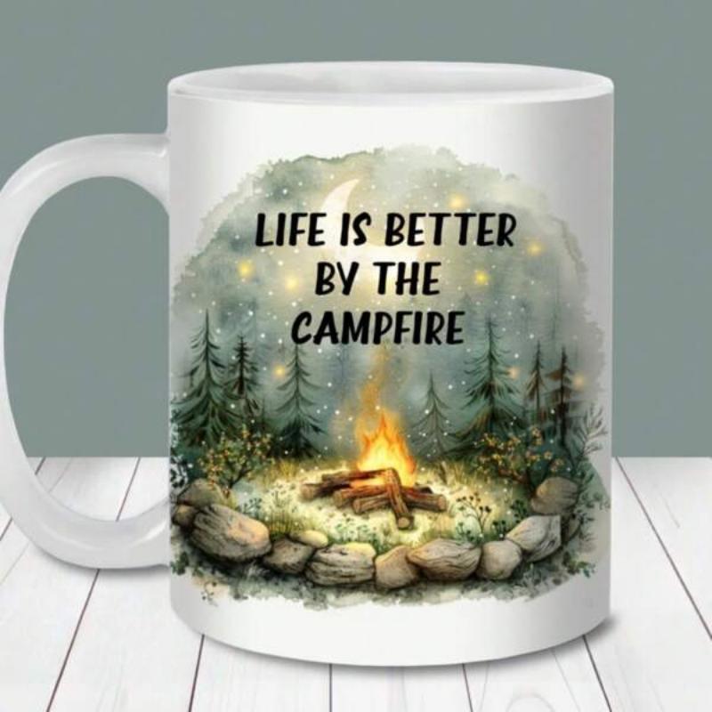 Tailorly White Ceramic 11 oz Mug - Life Is Better By The Campfire Glowing Forest Scene With Stones Under A Starry Night Campfire
