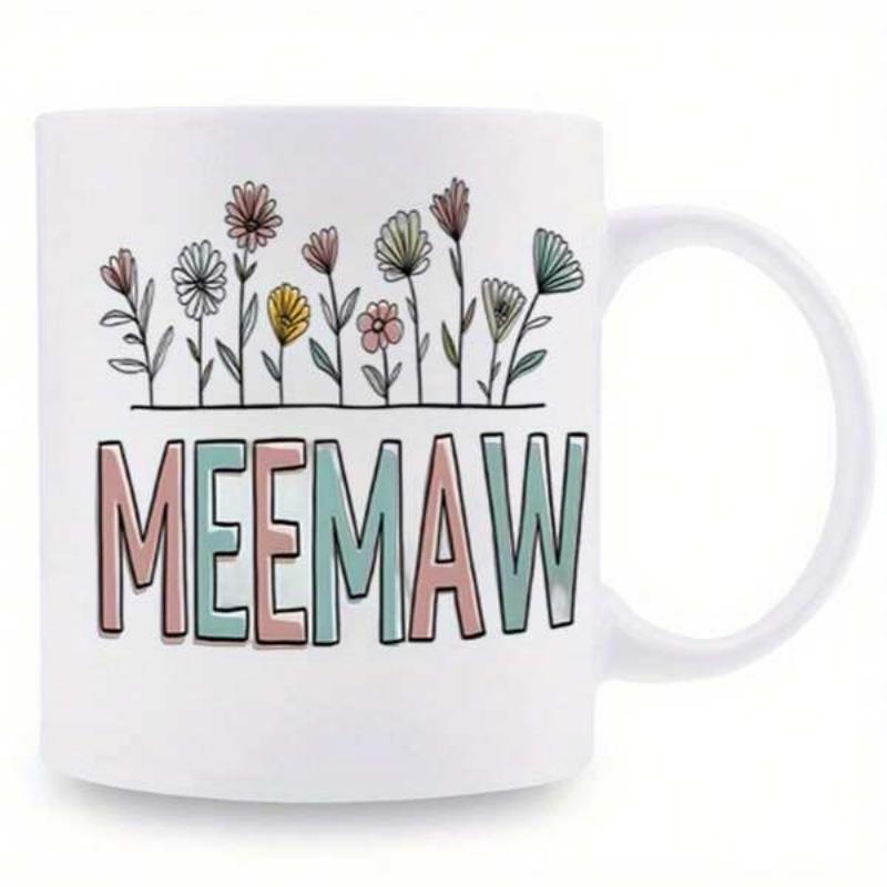 Tailorly White Ceramic 11 oz Mug - Meemaw Hand Drawn Wildflowers Blooming In A Row With Pastel Colors Flower