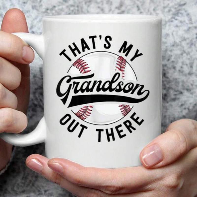 Tailorly White Ceramic 11 oz Mug - That's My Grandson Out There Classic White Sporting Gear With Iconic Red Stitched Seams Baseball