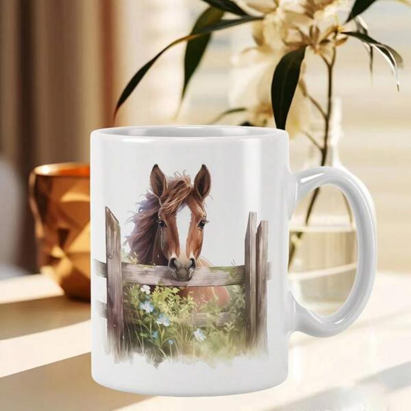 Tailorly White Ceramic 11 oz Mug - Graceful Brown Horse Peeking Over Weathered Wooden Fence Among Greenery Horse