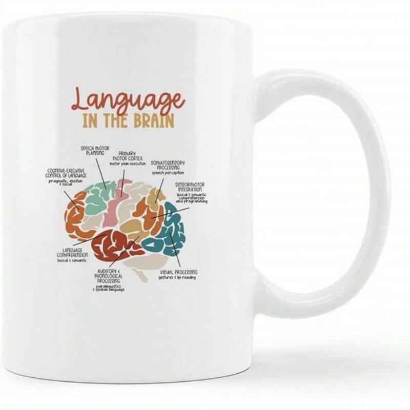 Tailorly White Ceramic 11 oz Mug - Language In The Brain Detailed Colorful Anatomical Scientific Diagram Showing Various Functional Human Brain