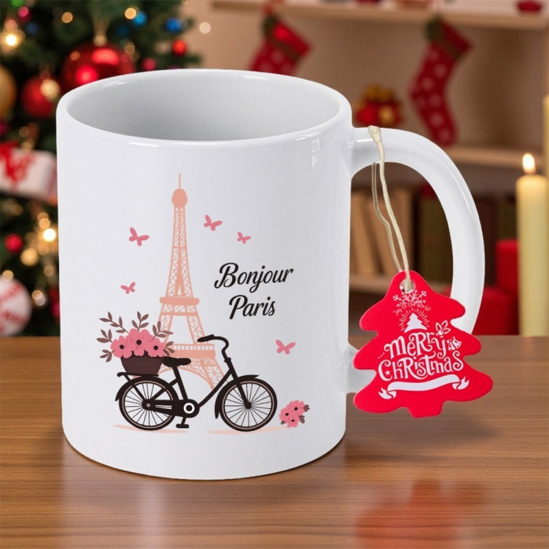 Tailorly White Ceramic 11 oz Mug - Paris Elegant Vintage Bicycle Carrying Fresh Flowers Near The Iconic Eiffel Tower Bicycle