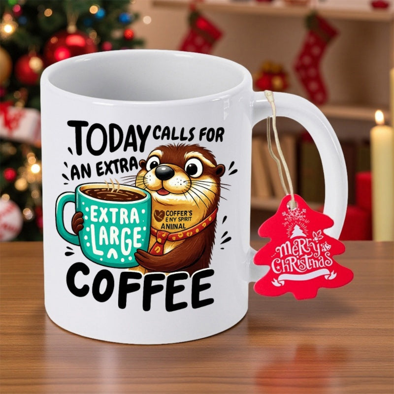 Tailorly White Ceramic 11 oz Mug - Today Calls For An Extra Large Coffee Adorable Brown Sea Otter Holding Huge Teal Steam Coffee Otter