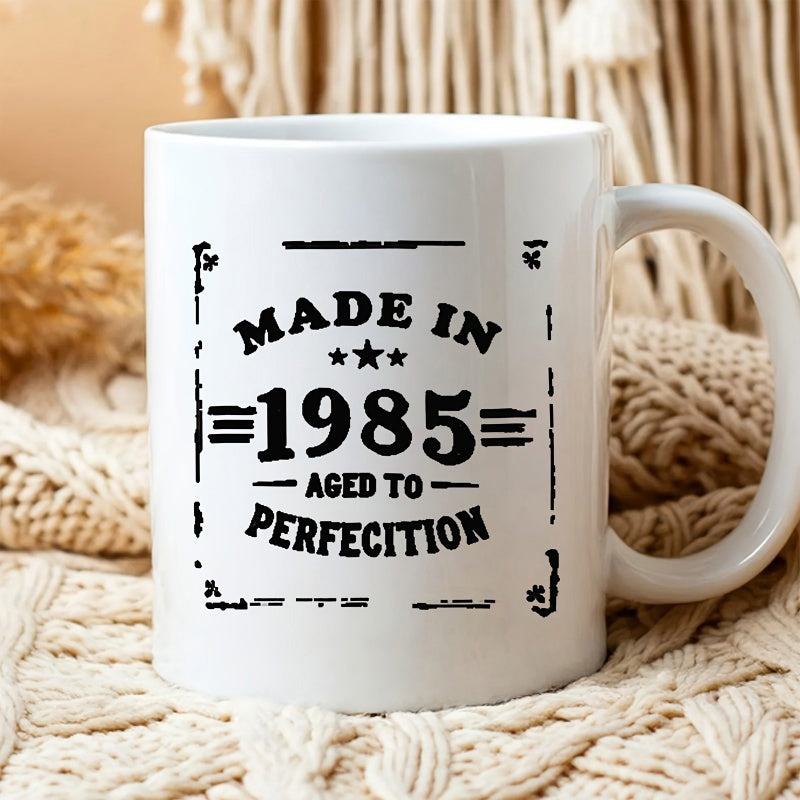 Tailorly White Ceramic 11 oz Mug - Made In 1985 Aged To Perfection Vintage Industrial Style Featuring Distressed Borders And Decorative Stars Sign