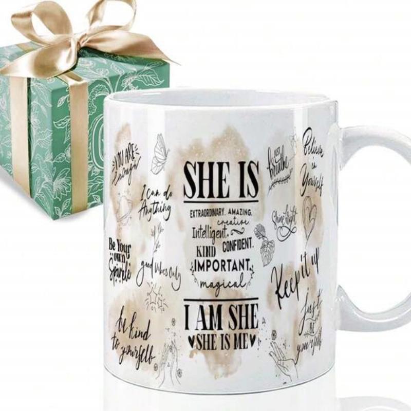 Tailorly White Ceramic 11 oz Mug - She Is I Am She Minimalist Abstract Watercolor Splashes With Inspirational Quotes And Elegant Artistic Script Mug