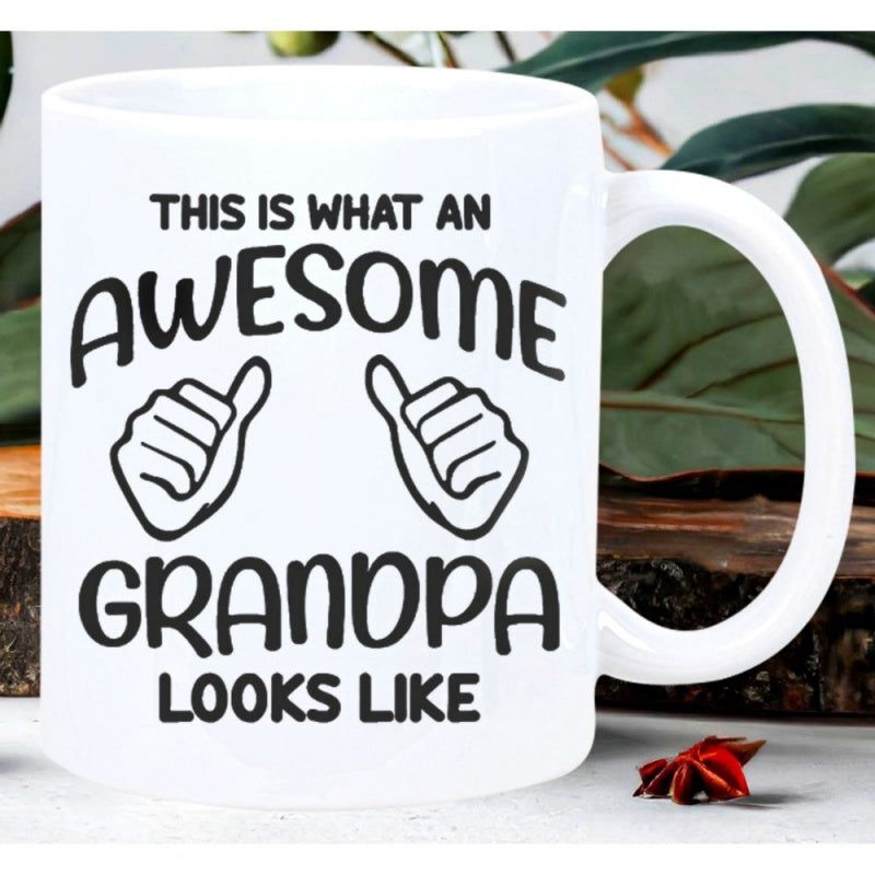 Tailorly White Ceramic 11 oz Mug - This Is What An Awesome Grandpa Looks Like Minimalist Black Line Art With Two Thumbs Pointing Upward Hand