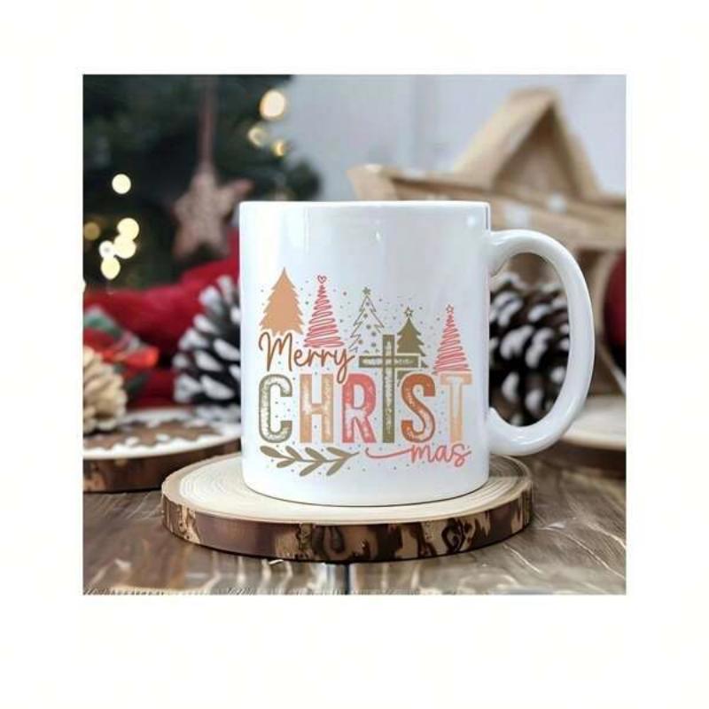 Tailorly White Ceramic 11 oz Mug - Merry Christmas Festive Stylized Pine Trees In Earth Tones And Pink Pastel Colors Christmas Tree