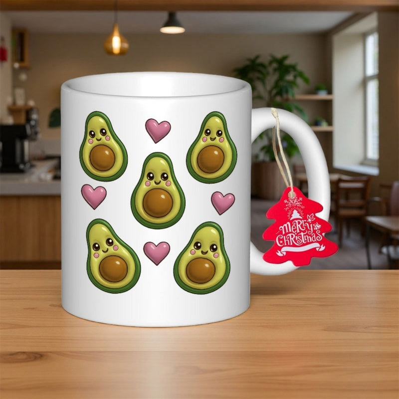 Tailorly White Ceramic 11 oz Mug - Merry Christmas Adorable Kawaii Style Avocados With Pink Hearts In Balanced Pattern Avocado