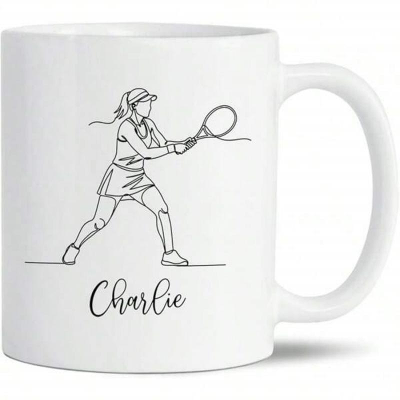 Tailorly White Ceramic 11 oz Mug - Charlie Elegant Minimalist Line Drawing Of Skilled Female Athlete Hitting Ball Tennis Player