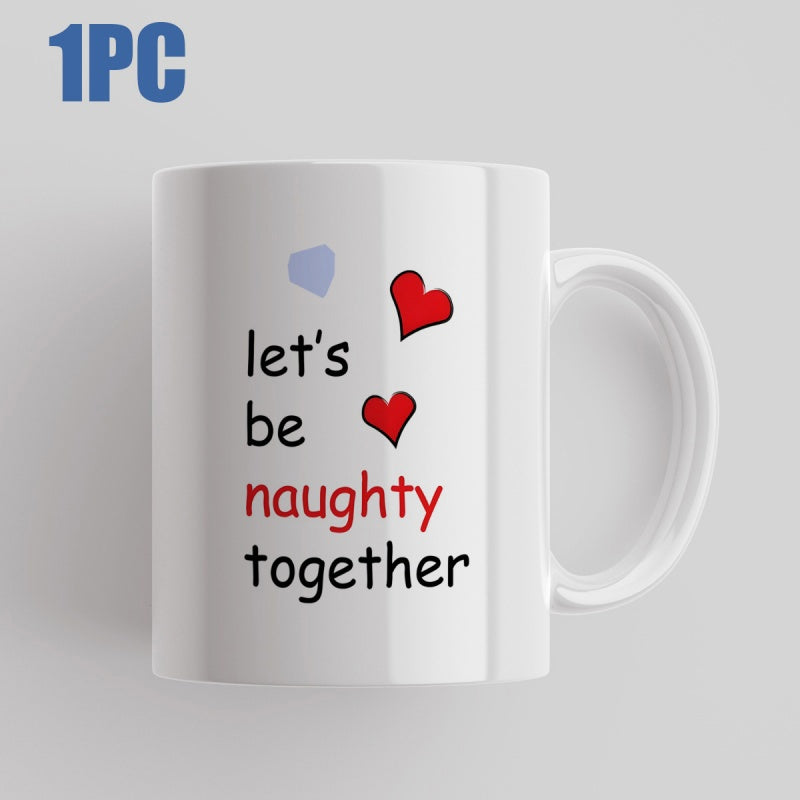 Tailorly White Ceramic 11 oz Mug - Lets Be Naughty Together Small Vibrant Red Accents Floating Beside Romantic Playful Message Heart
