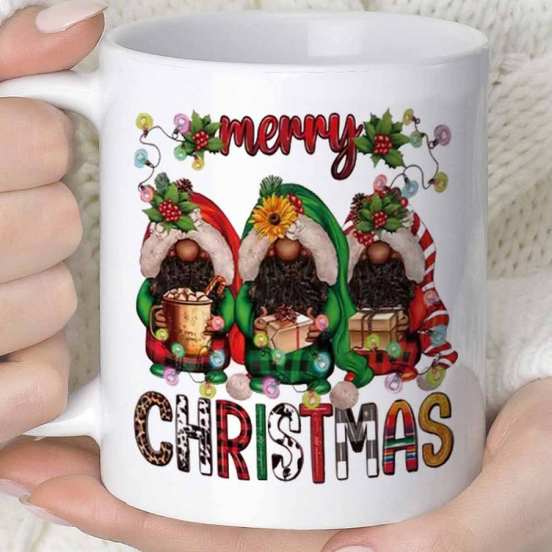 Tailorly White Ceramic 11 oz Mug - Merry Christmas Three Festive Gnomes Holding Gifts And Cocoa Under Twinkling Lights Gnome