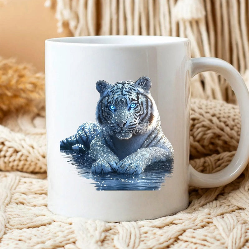 Tailorly White Ceramic 11 oz Mug - Majestic White Tiger With Glowing Blue Eyes Resting Upon Shimmering Ice Tiger