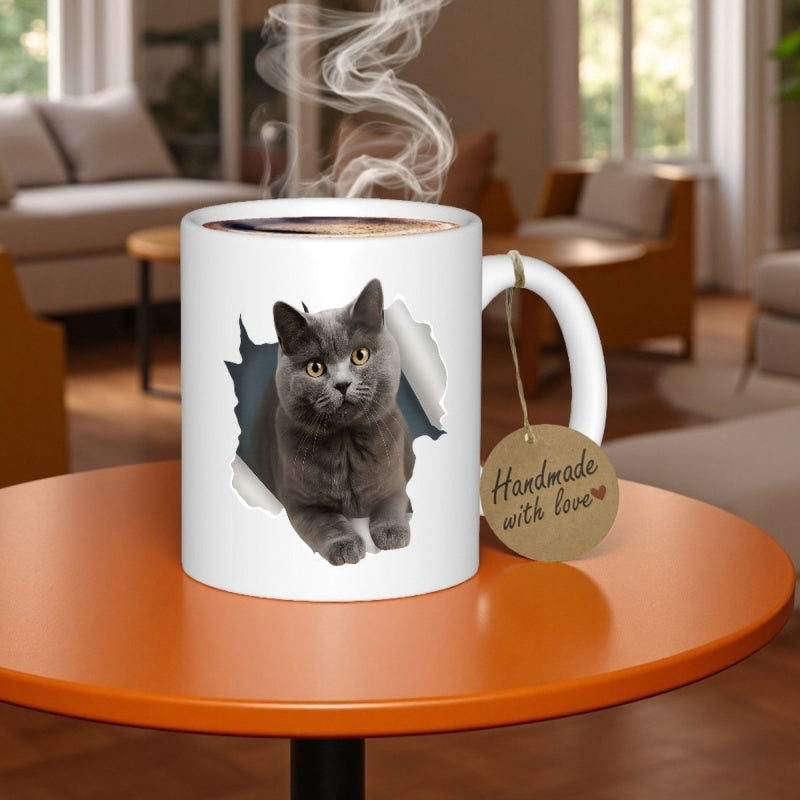 Tailorly White Ceramic 11 oz Mug - Handmade With Love Adorable Grey British Shorthair Peeking Through A Realistic Torn Paper Effect Cat