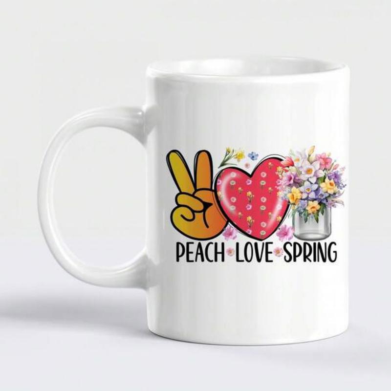 Tailorly White Ceramic 11 oz Mug - Peach Love Spring Colorful Symbols Representing Peace And Affection In A Floral Jar Bouquet