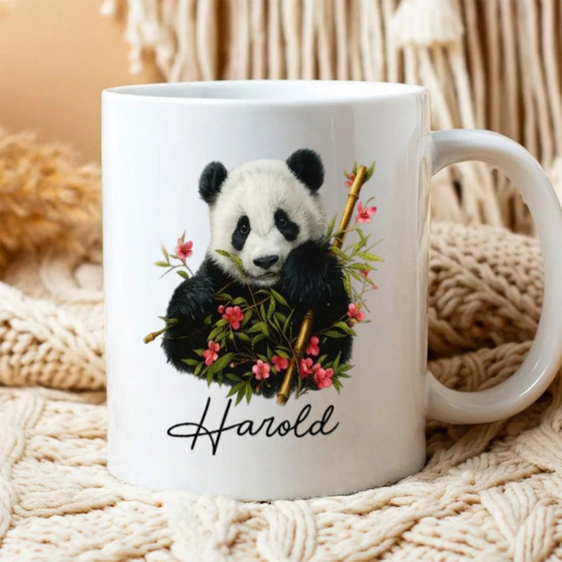 Tailorly White Ceramic 11 oz Mug - Harold Adorable Panda Holding Bamboo Stalk Surrounded By Pink Cherry Blossom Flowers Panda