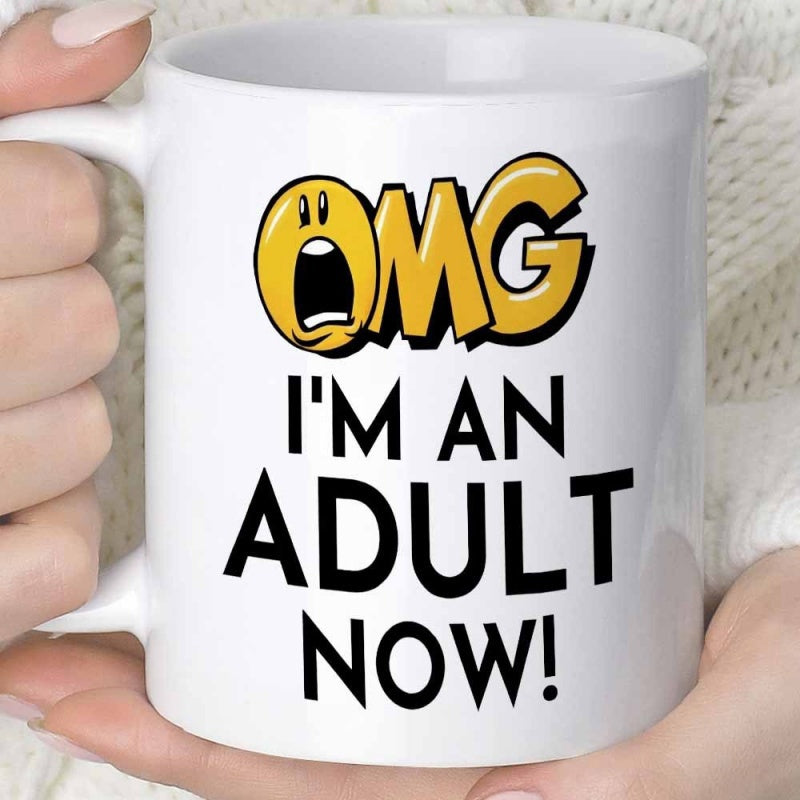 Tailorly White Ceramic 11 oz Mug - OMG IM AN ADULT NOW Surprised Yellow Face Icon With Bold Black Block Lettering Emoji