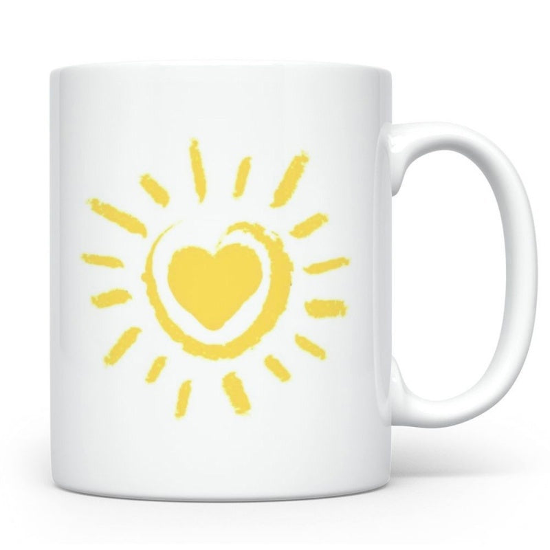 Tailorly White Ceramic 11 oz Mug - Hand Drawn Yellow Brush Strokes Radiating From A Central Warm Heart Sun