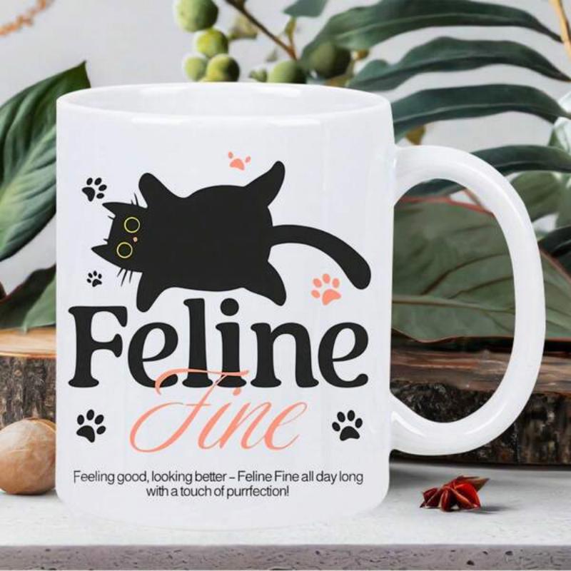Tailorly White Ceramic 11 oz Mug - Feline Fine Adorable Minimalist Black Cat Sprawled Flat On White Background With Paw Prints Cat