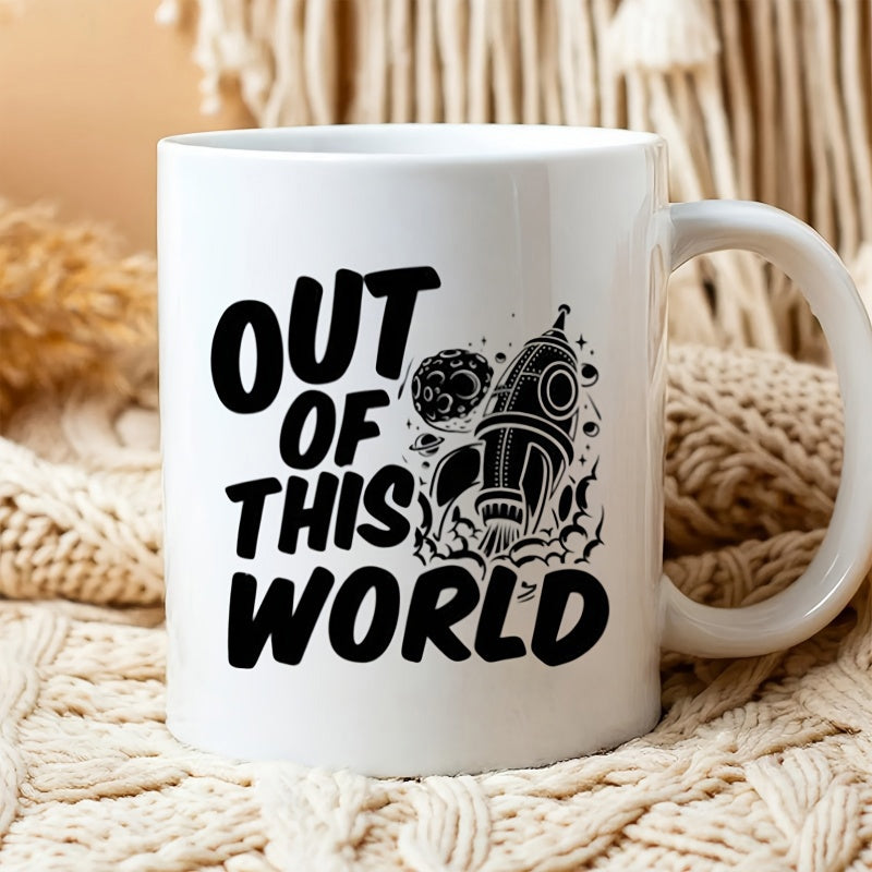 Tailorly White Ceramic 11 oz Mug - Out Of This World Retro Stylized Rocket Launching Into Deep Space Past A Cratered Moon Rocket