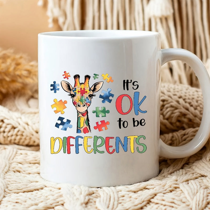 Tailorly White Ceramic 11 oz Mug - Its OK To Be Different Colorful Jigsaw Puzzle Pieces Surrounding An Artistic Watercolor Style Giraffe